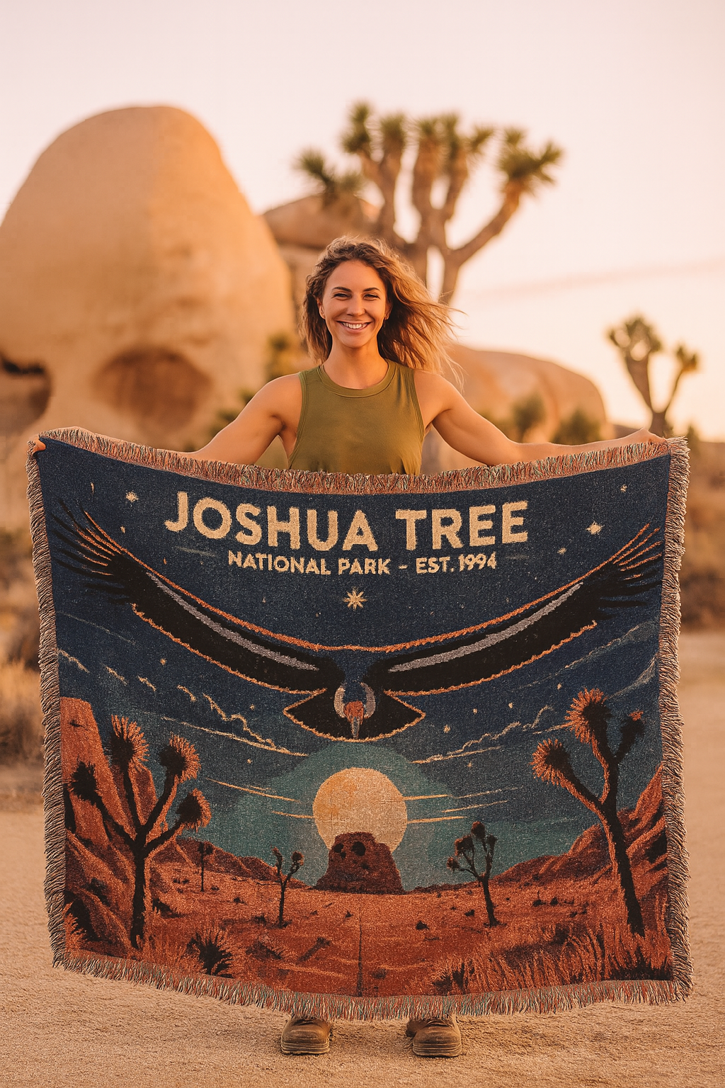 Woman holding a 'Joshua Tree National Park' blanket in front of a desert landscape.