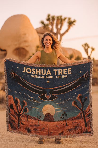 Woman holding a 'Joshua Tree National Park' blanket in front of a desert landscape.