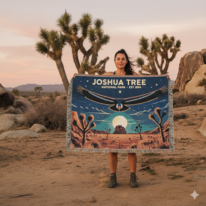 Person holding a 'Joshua Tree National Park' blanket in front of Joshua trees and rock formations.