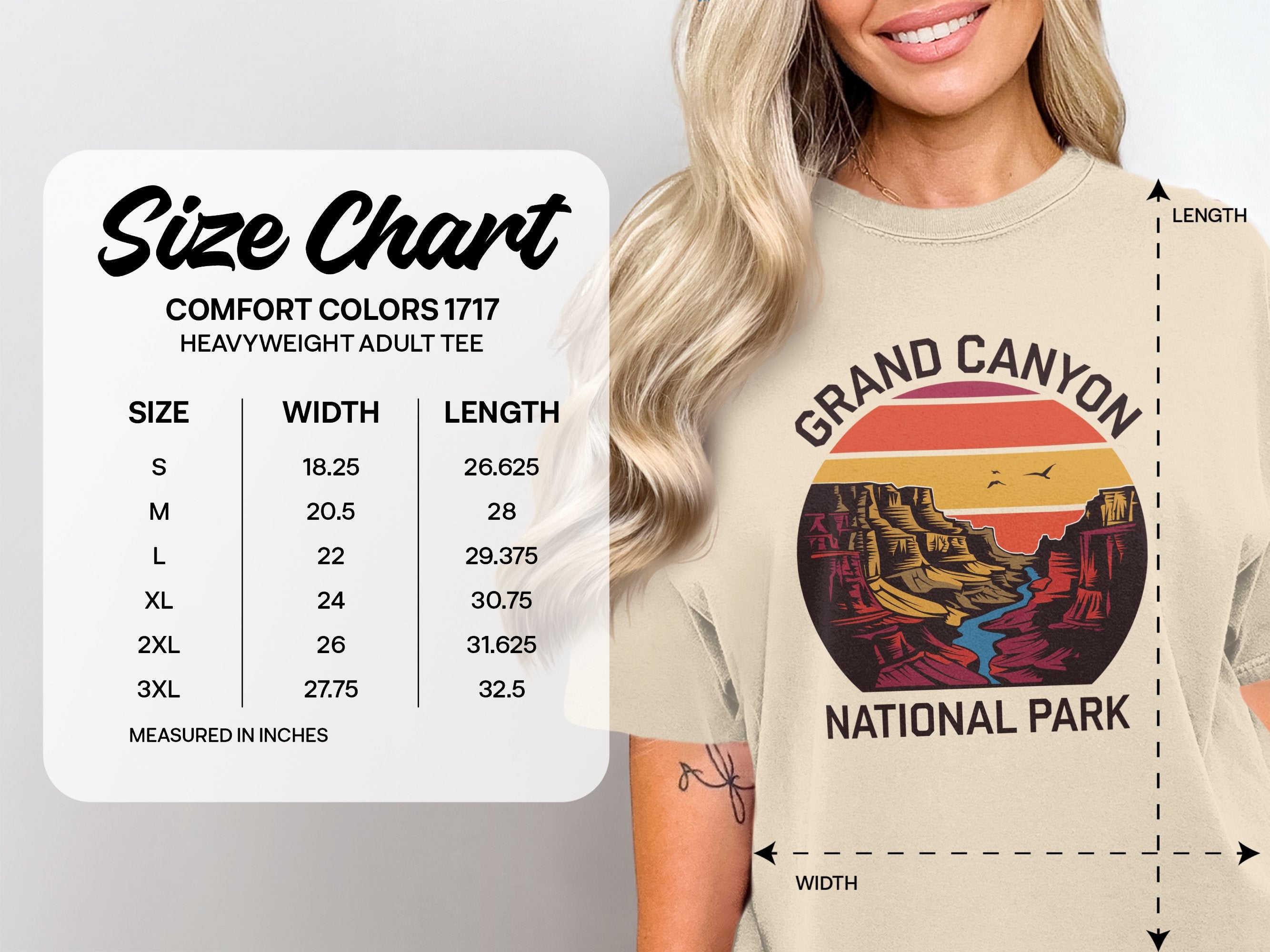 Grand Canyon National Park T Shirt size chart