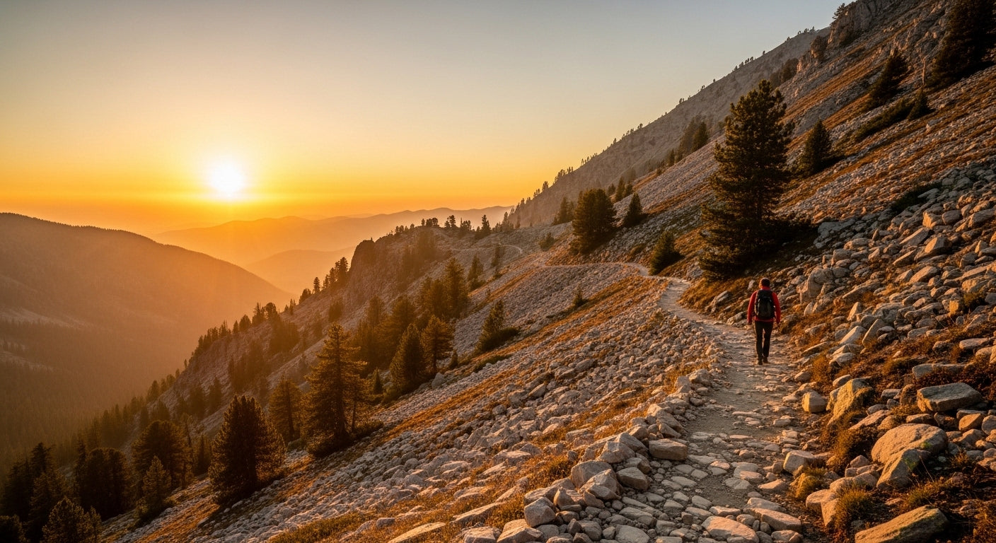 Person hiking on a mountain path during sunset with scenic views of mountains and trees.