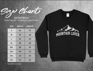 Mountain Lover Crewneck Sweater size chart