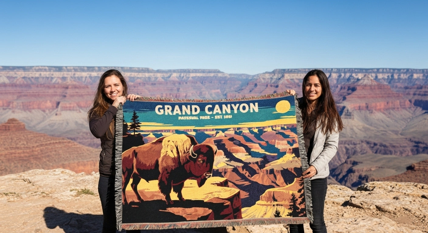 Two people holding a Grand Canyon poster with a scenic view of the Grand Canyon in the background.
