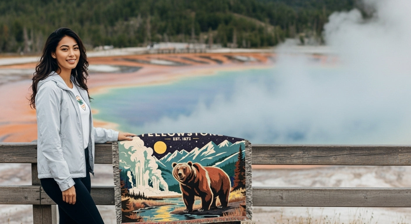 Woman holding a bear-themed blanket with a scenic design, standing in front of a geothermal feature.