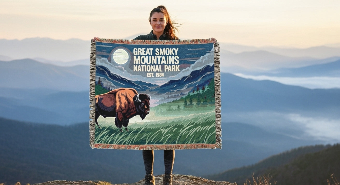 Person holding a Great Smoky Mountains National Park blanket with a scenic design.