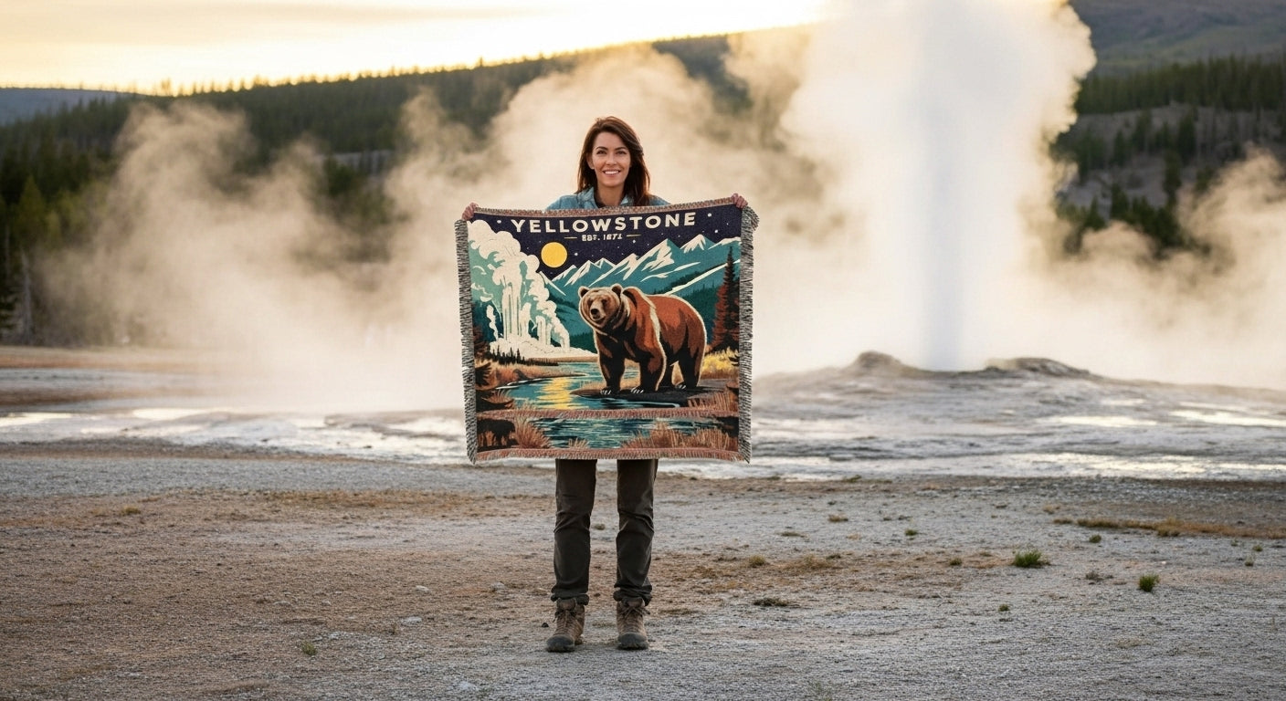 Person holding a painting of a bear in front of a geyser in Yellowstone National Park