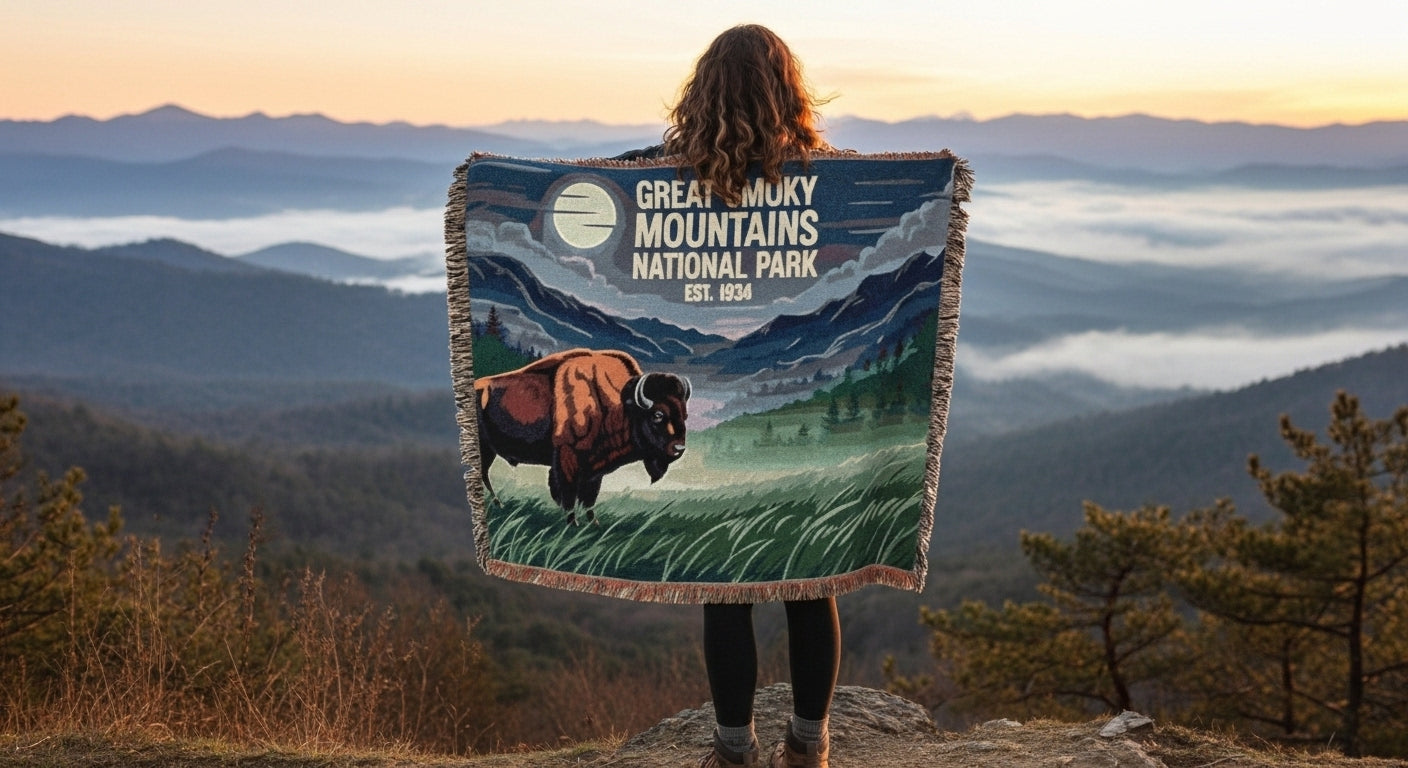 Person holding a Great Smoky Mountains National Park blanket with a scenic view in the background