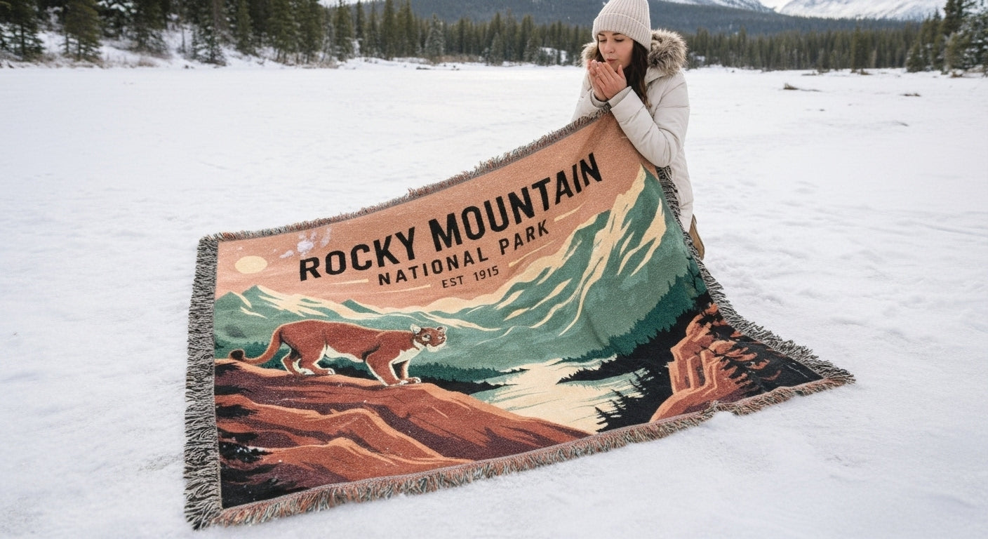 Person holding a blanket with Rocky Mountain National Park design in a snowy landscape