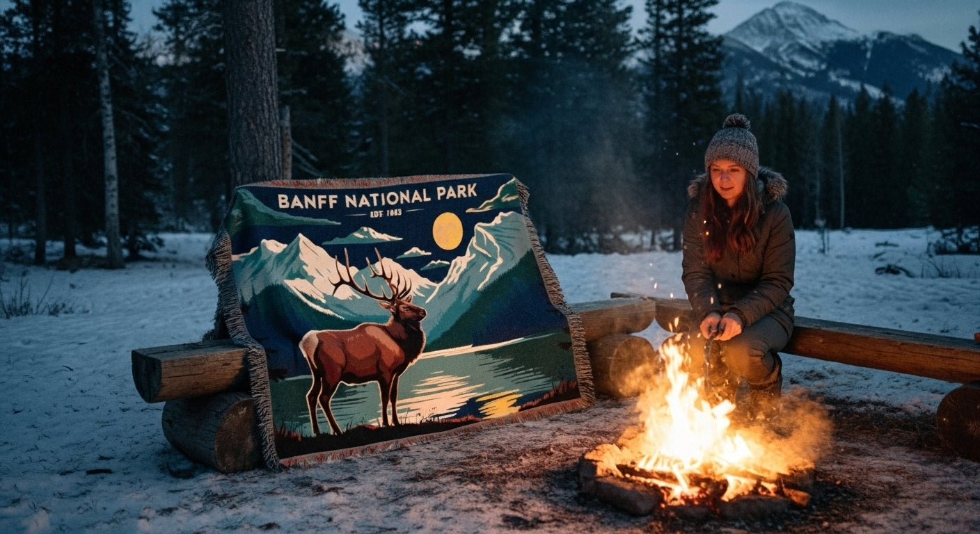 Person sitting by a campfire in Banff National Park with a scenic sign in the background.