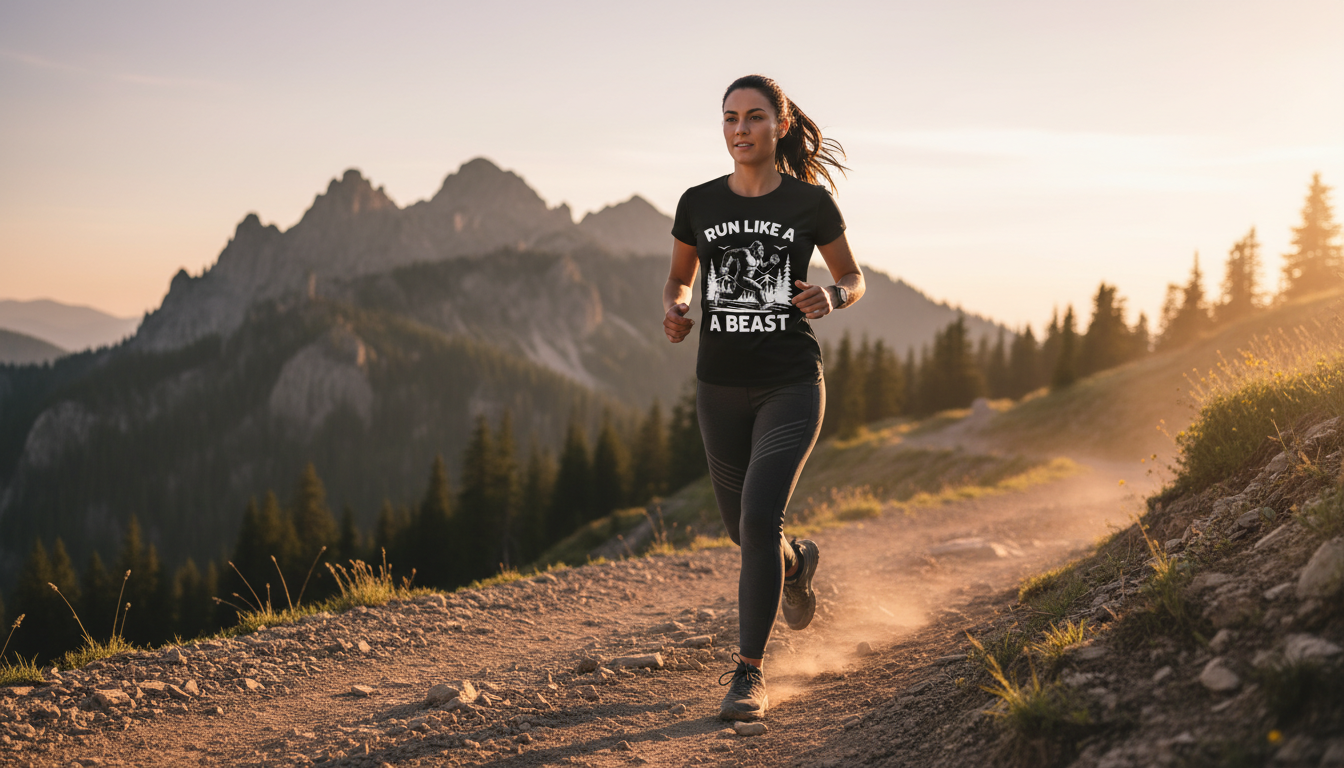 Woman running on a mountain trail with mountains and trees in the background