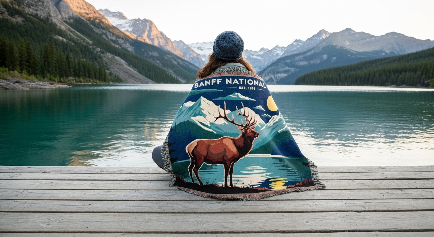 Person sitting on a wooden dock by a lake, wearing a blanket with Banff National Park design.