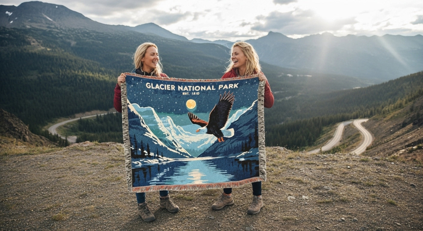 Two people holding a Glacier National Park blanket with a scenic design against a mountainous backdrop.