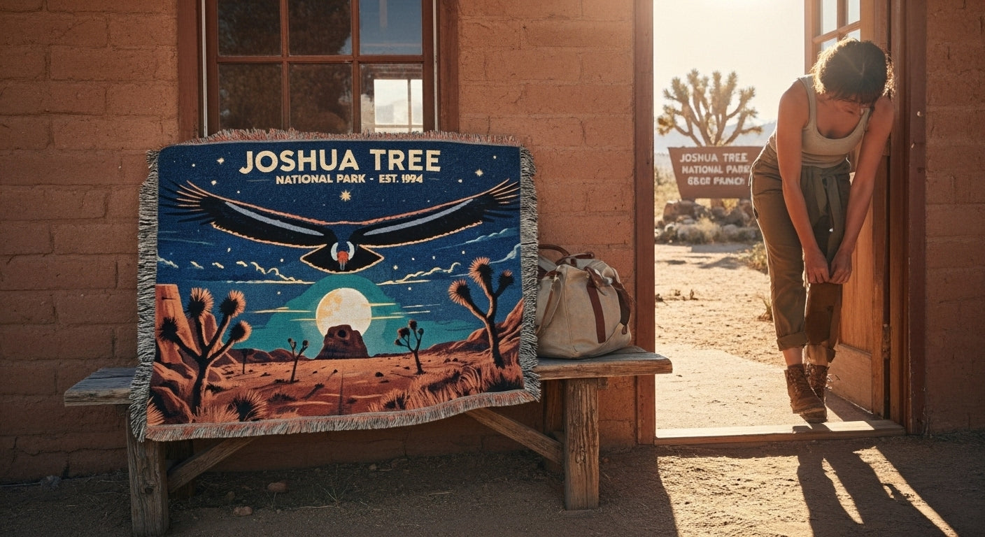 Blanket with Joshua Tree National Park design on a bench in front of a building.
