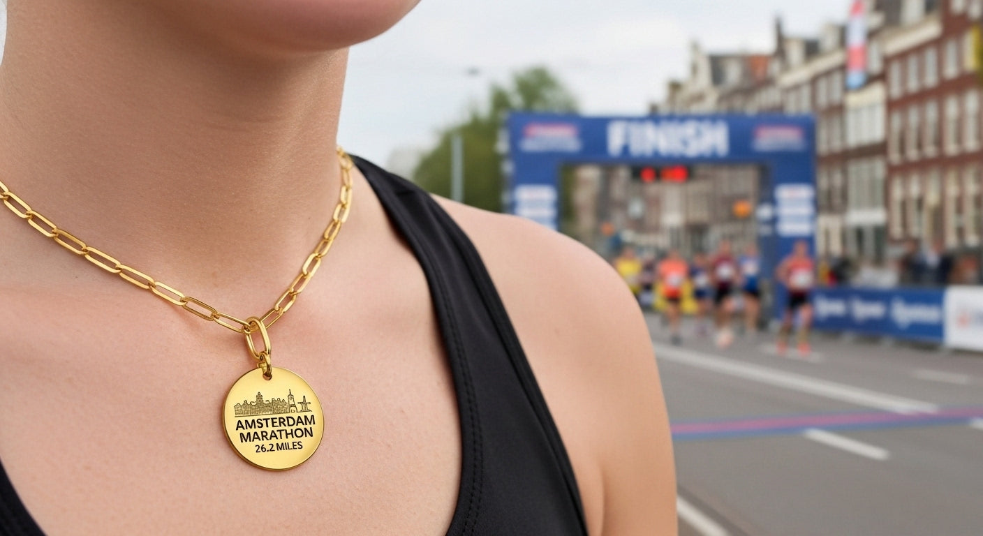 Personalized Amsterdam Marathon Skyline Necklace 26.2 Miles