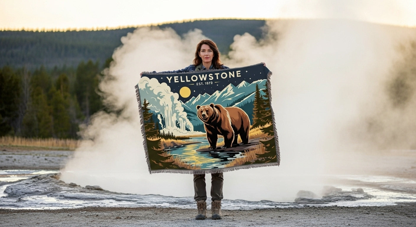 Person holding a 'Yellowstone' poster with a geothermal area in the background