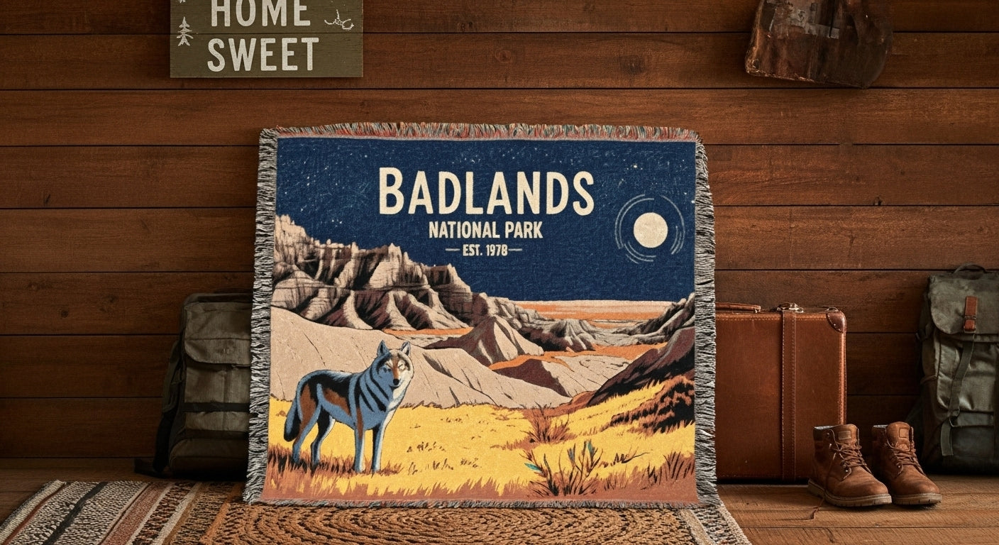 Throw blanket with Badlands National Park design on a wooden floor.