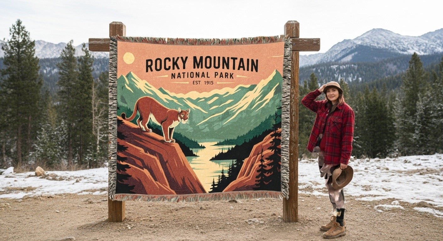 Person standing next to a Rocky Mountain National Park sign with a mountainous background.