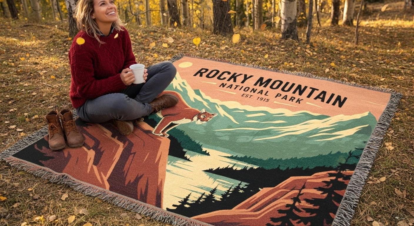 Woman sitting on a Rocky Mountain National Park-themed blanket in a forest setting