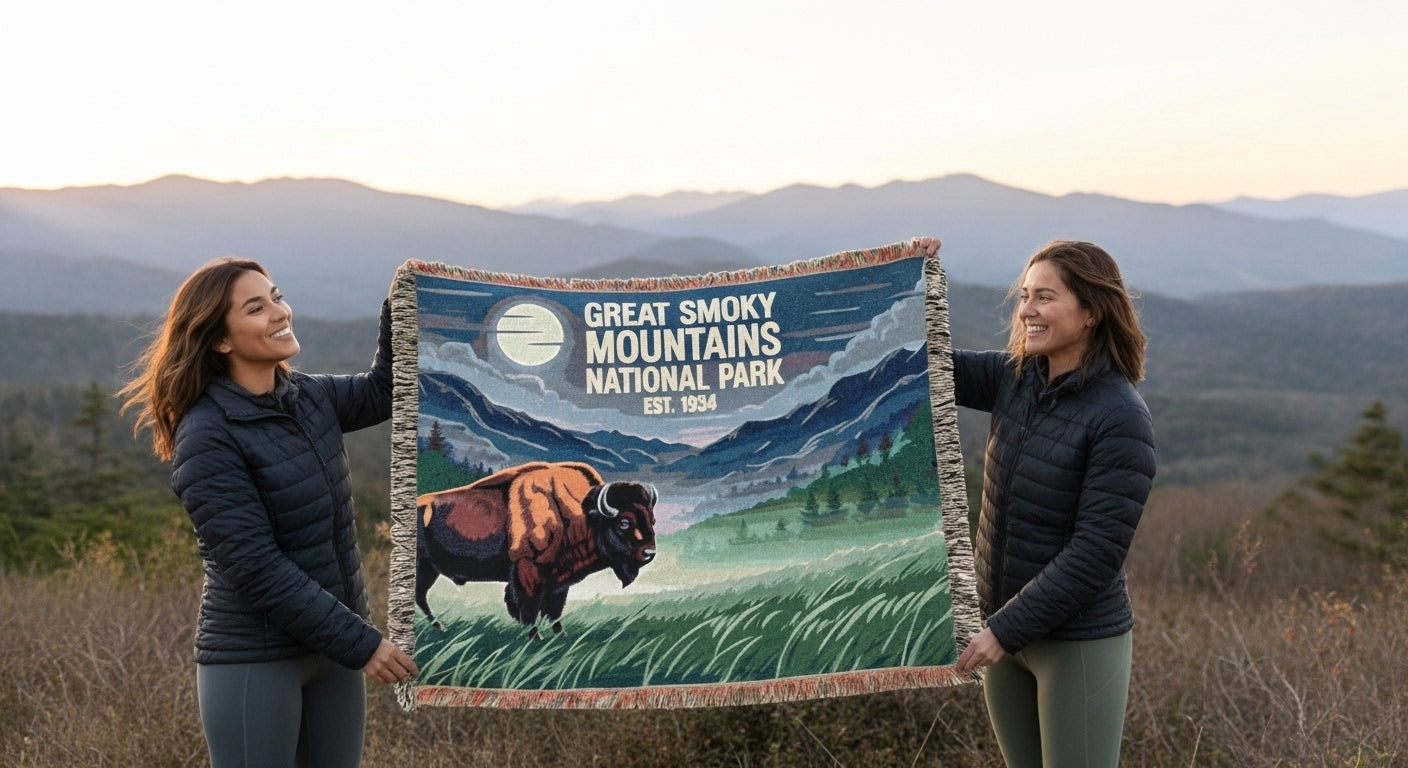 Two people holding a Great Smoky Mountains National Park blanket with a scenic design.