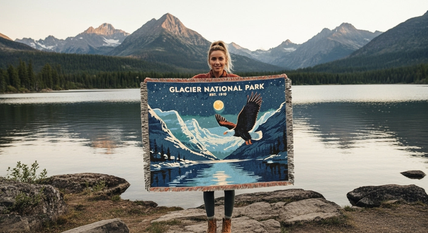 Person holding a 'Glacier National Park' blanket with a scenic design in front of a lake and mountains.