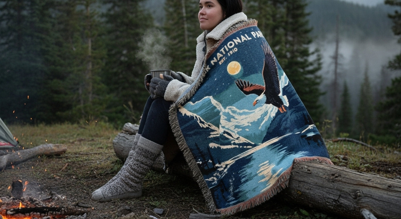 Person sitting by a campfire wearing a National Park Foundation blanket with a mountain design.
