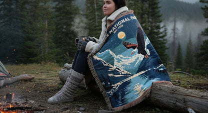 Person sitting by a campfire wearing a National Park Foundation blanket with a mountain design.