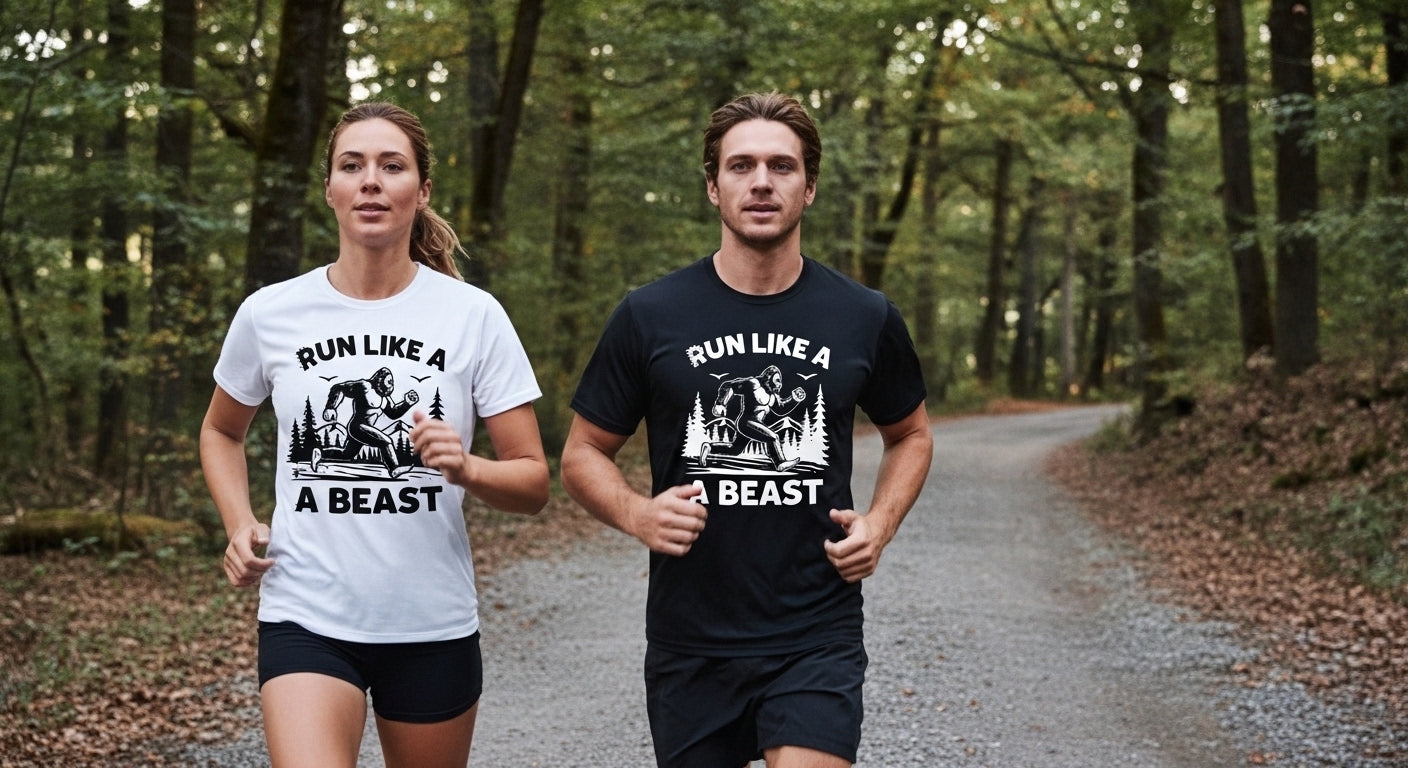 Two people running on a path in a forest, wearing 'Run Like A Beast' t-shirts.