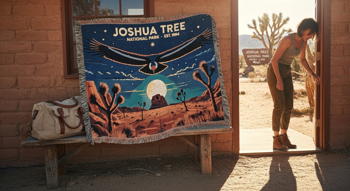 Woven blanket with Joshua Tree National Park design on a wooden bench, with a person standing in the doorway of a brick building.