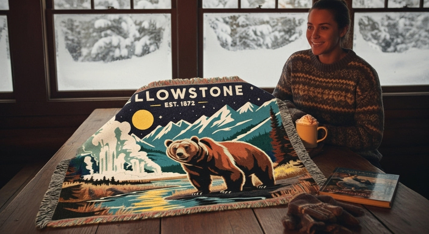 Person sitting at a table with a 'Yellowstone' themed placemat featuring a bear and mountains.