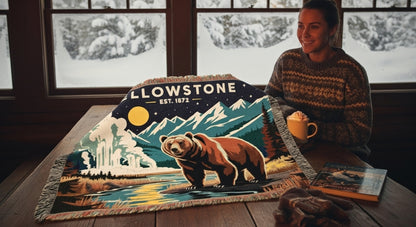 Person sitting at a table with a 'Yellowstone' themed placemat featuring a bear and mountains.