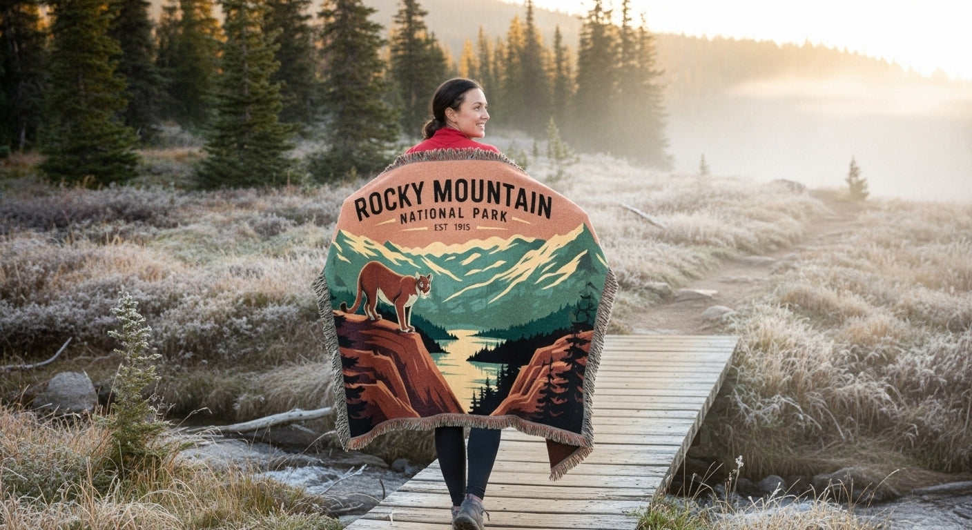 Person wrapped in a Rocky Mountain National Park blanket in a scenic outdoor setting.