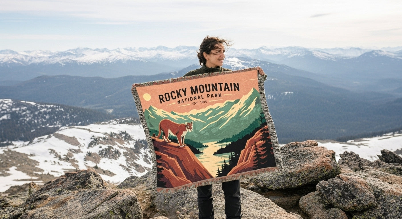 Person holding a Rocky Mountain National Park blanket with a scenic design against a mountainous background.