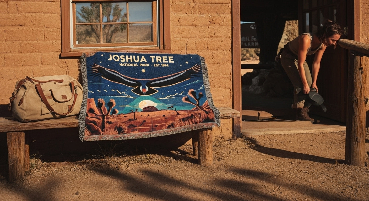 Blanket with 'Joshua Tree' design on a wooden bench in front of a wooden building.