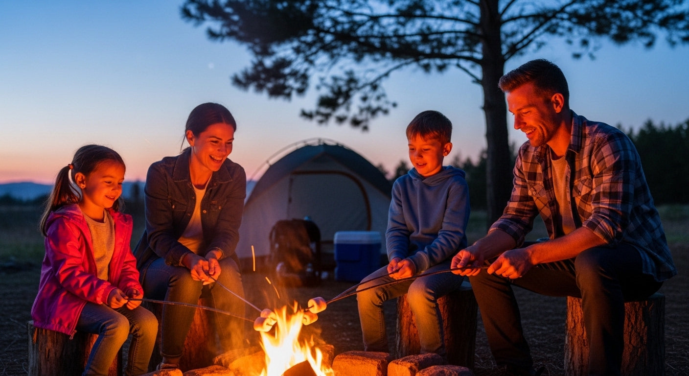 Family of five sitting around a campfire at dusk with a tent in the background.