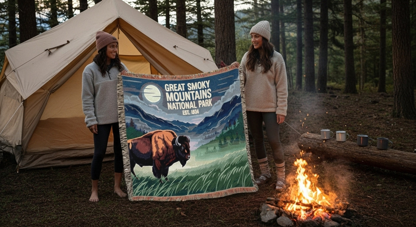 Two people holding a Great Smoky Mountains National Park blanket by a campfire in the woods.