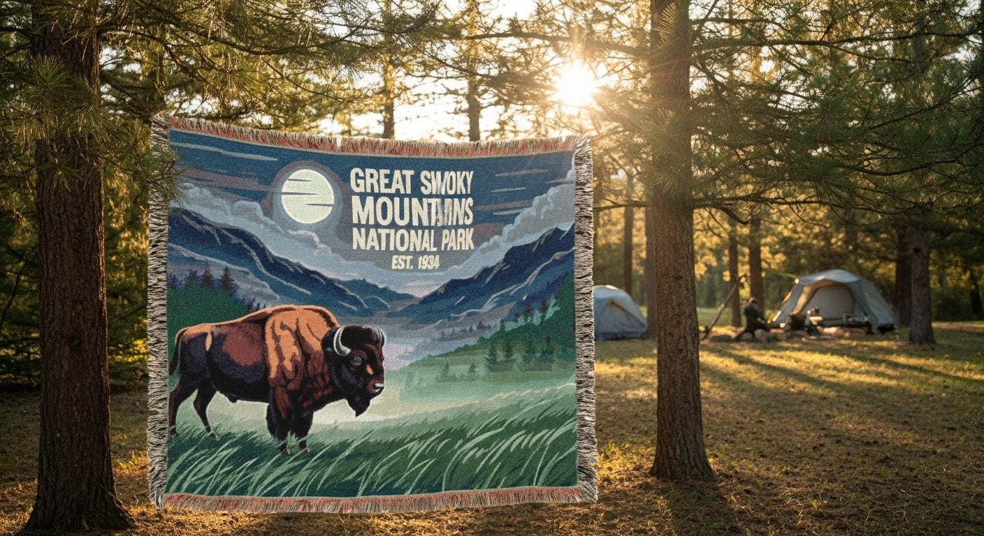 Blanket with Great Smoky Mountains National Park design featuring a bison and mountains, displayed outdoors.