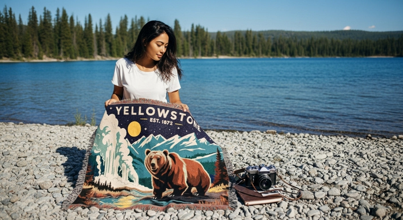 Woman holding a Yellowstone National Park blanket by a lake with trees in the background