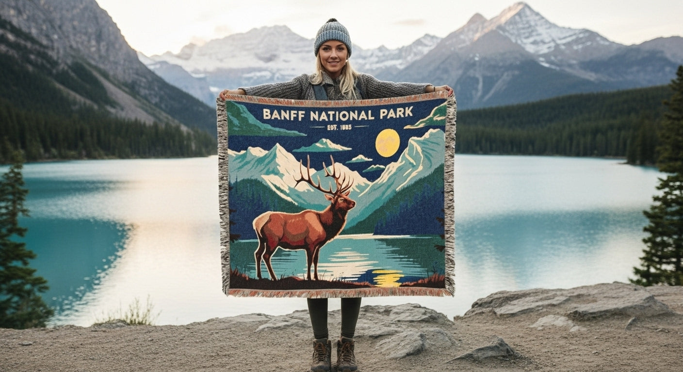 Person holding a Banff National Park blanket with a scenic design in front of a mountain lake.