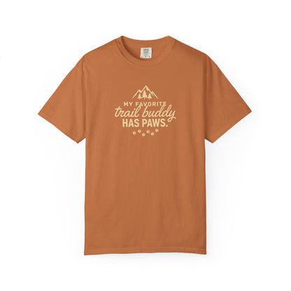 Orange t-shirt with "My favorite trail buddy has paws" text and mountain graphic.