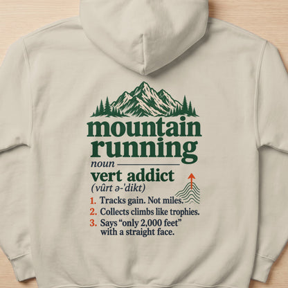 Light beige hoodie with "mountain running" and definition of "vert addict".