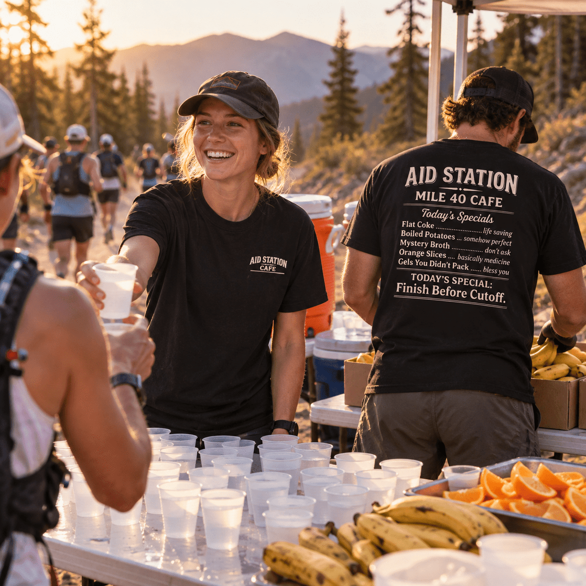Aid Station Mile 40 Café T-Shirt -Black - Sloth & Duck