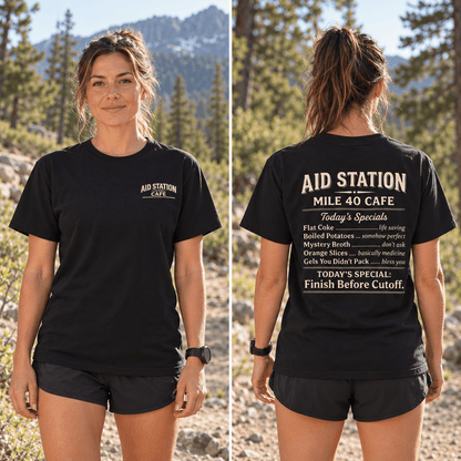 Aid Station Mile 40 Café T-Shirt -Black - Sloth & Duck