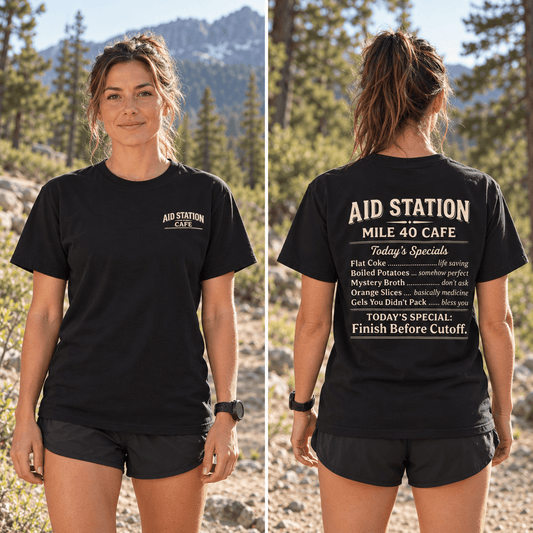 Aid Station Mile 40 Café T-Shirt -Black - Sloth & Duck