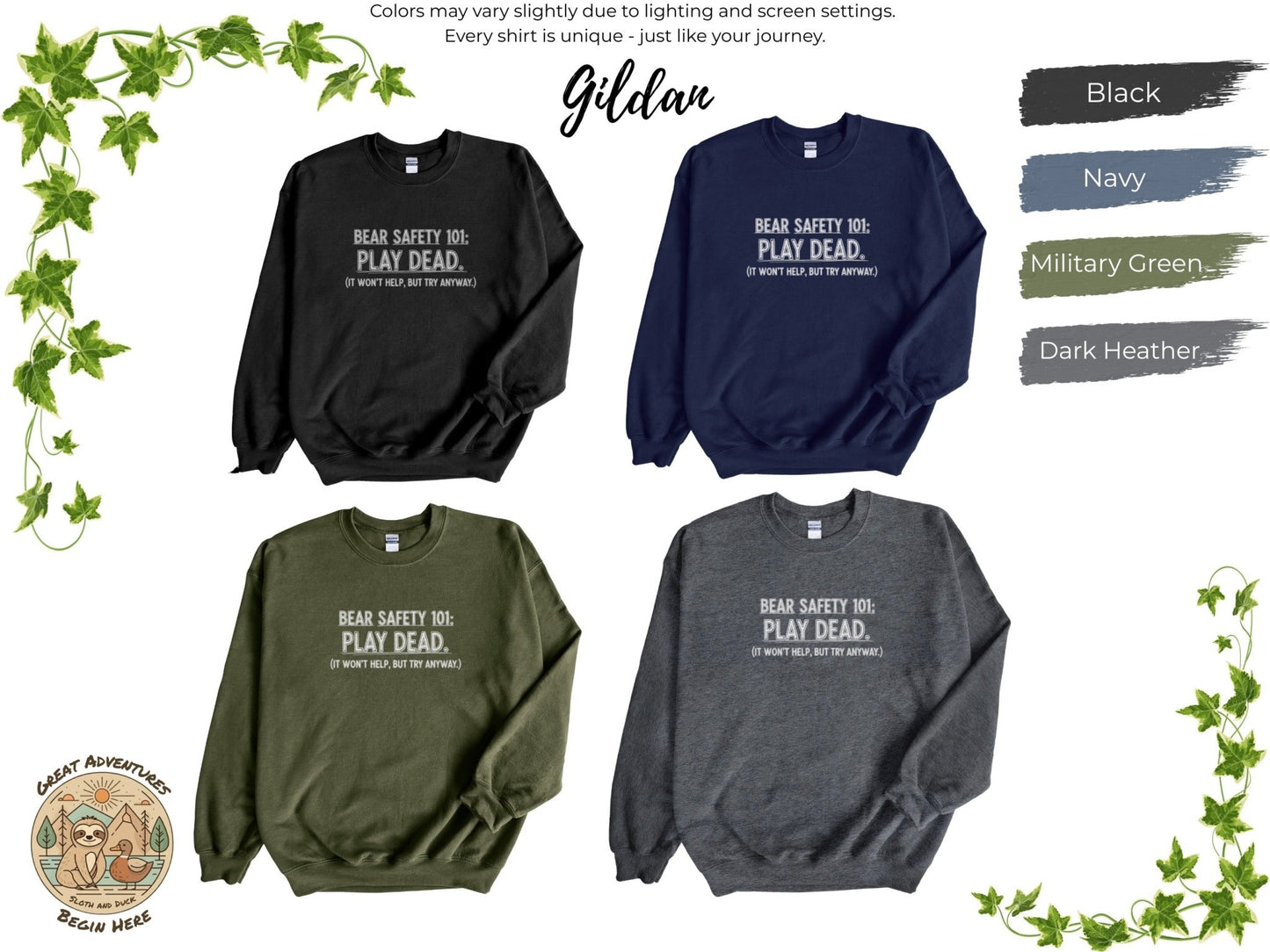 "Bear Safety 101, Play Dead" Sweatshirt - S - Sloth & Duck