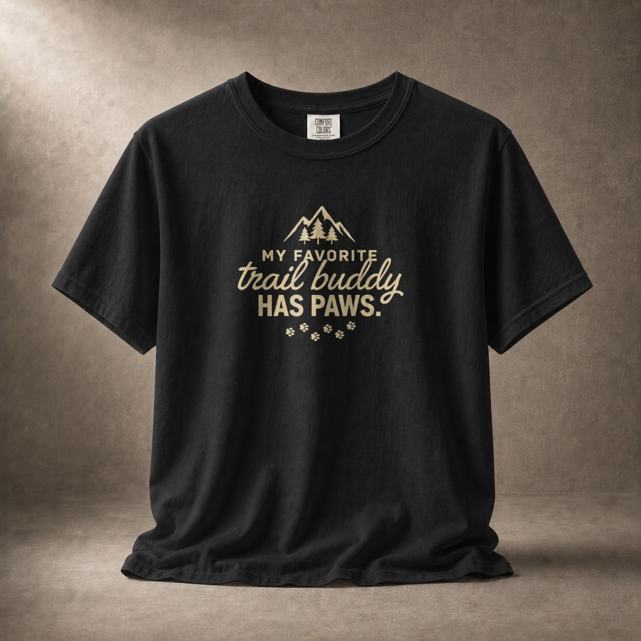 Black t-shirt with "My Favorite Trail Buddy Has Paws." graphic and paw prints.