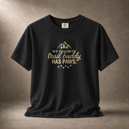 Black t-shirt with "My Favorite Trail Buddy Has Paws." graphic and paw prints.