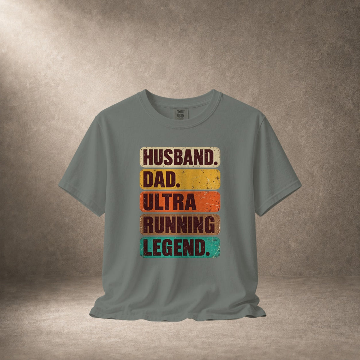 Grey t-shirt with text: Husband, Dad, Ultra Running Legend.