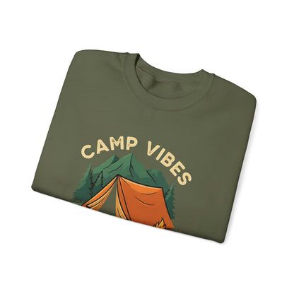 "Camp Vibes Only" Rustic Crewneck Sweatshirt - Military Green - Sloth & Duck