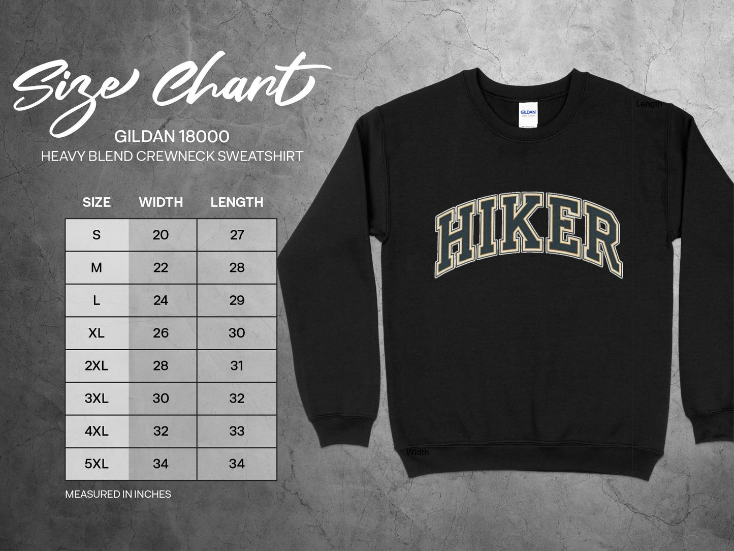 classic hiker text crewneck sweatshirt size chart