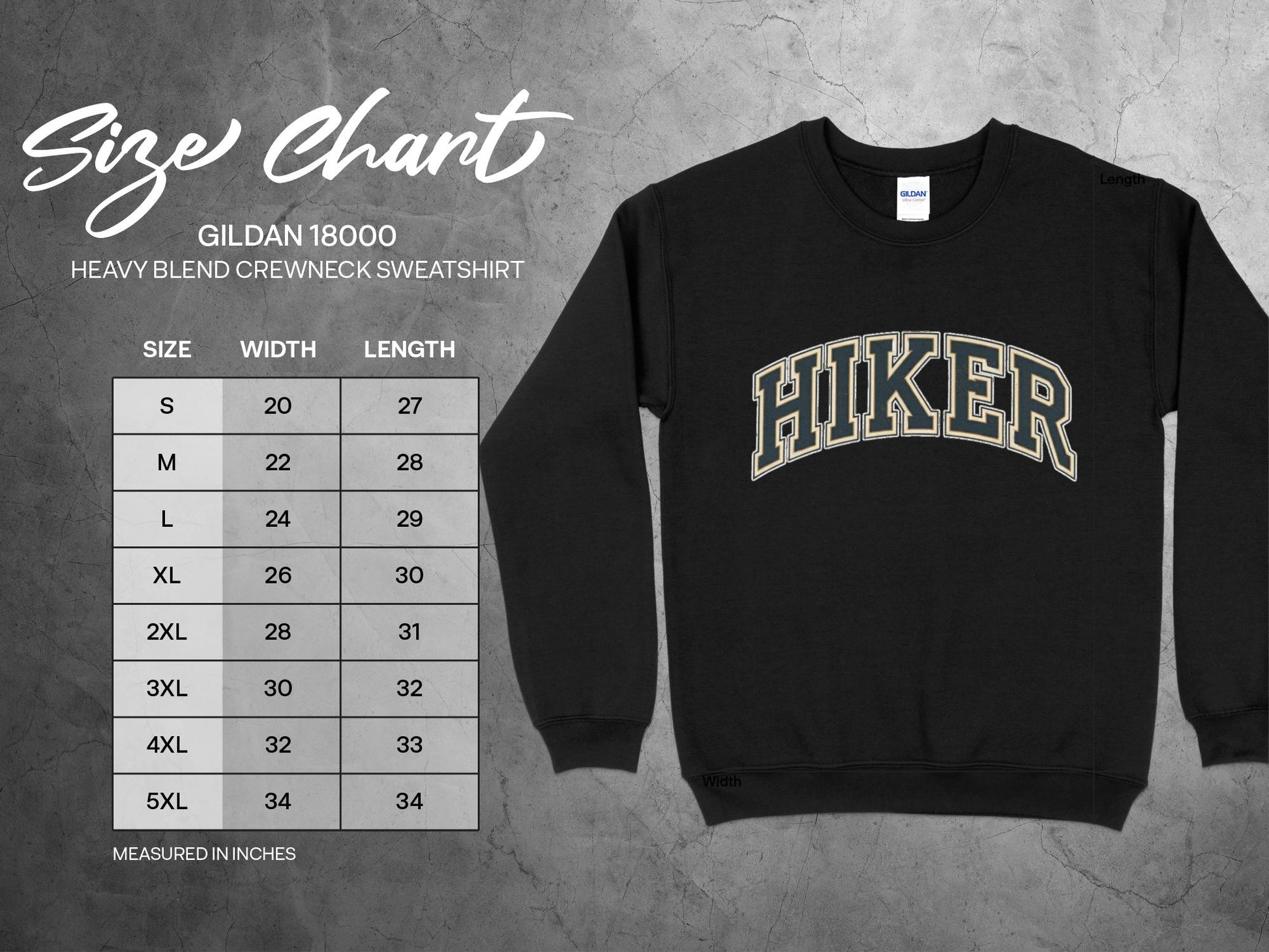 classic hiker text crewneck sweatshirt size chart